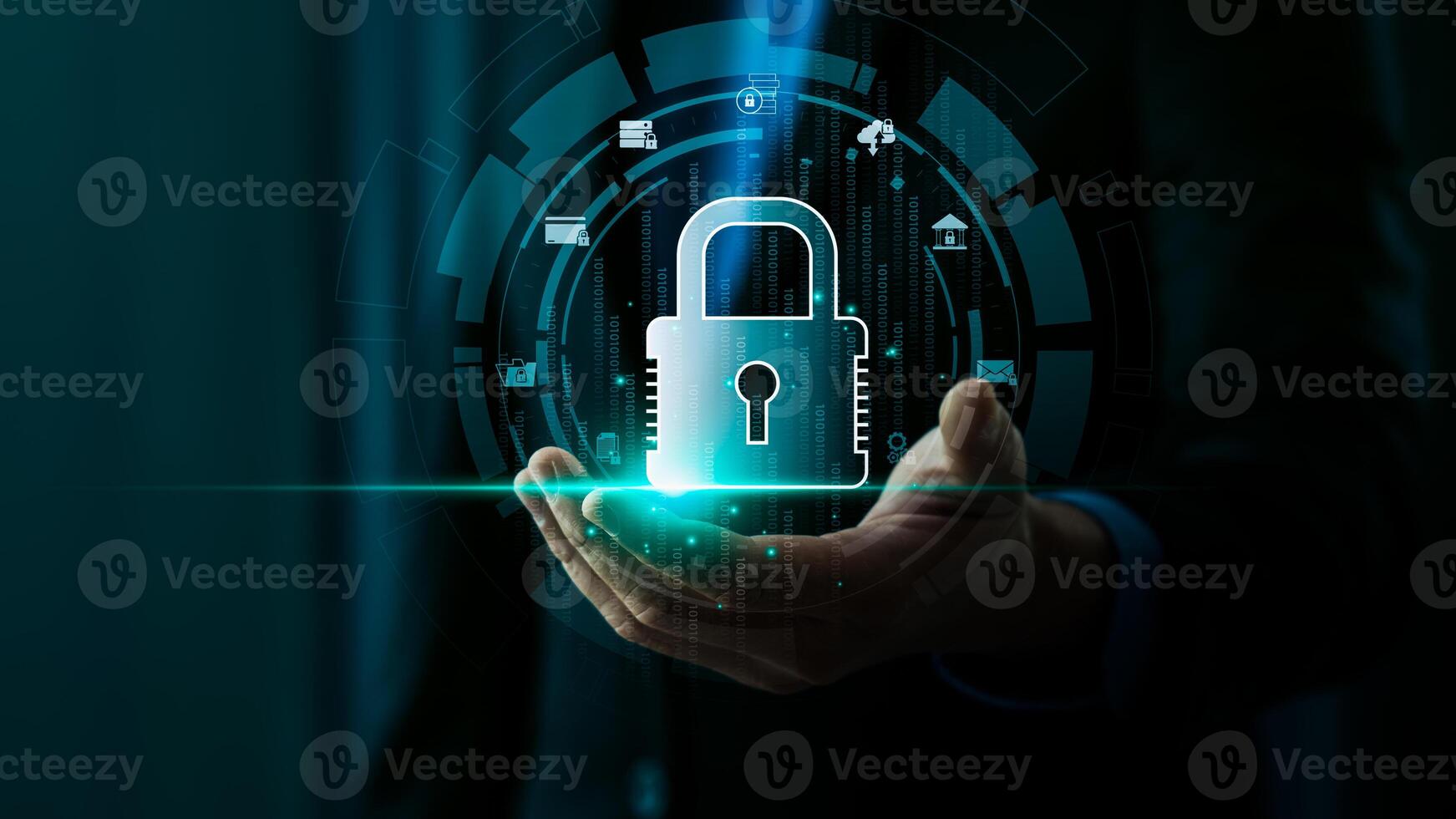 Businessman Engaging in Cybersecurity Measures on Laptop, Business in the Digital Age, Tech Security Online Privacy Smart Security Software Global Network Protection Digital Business Security photo