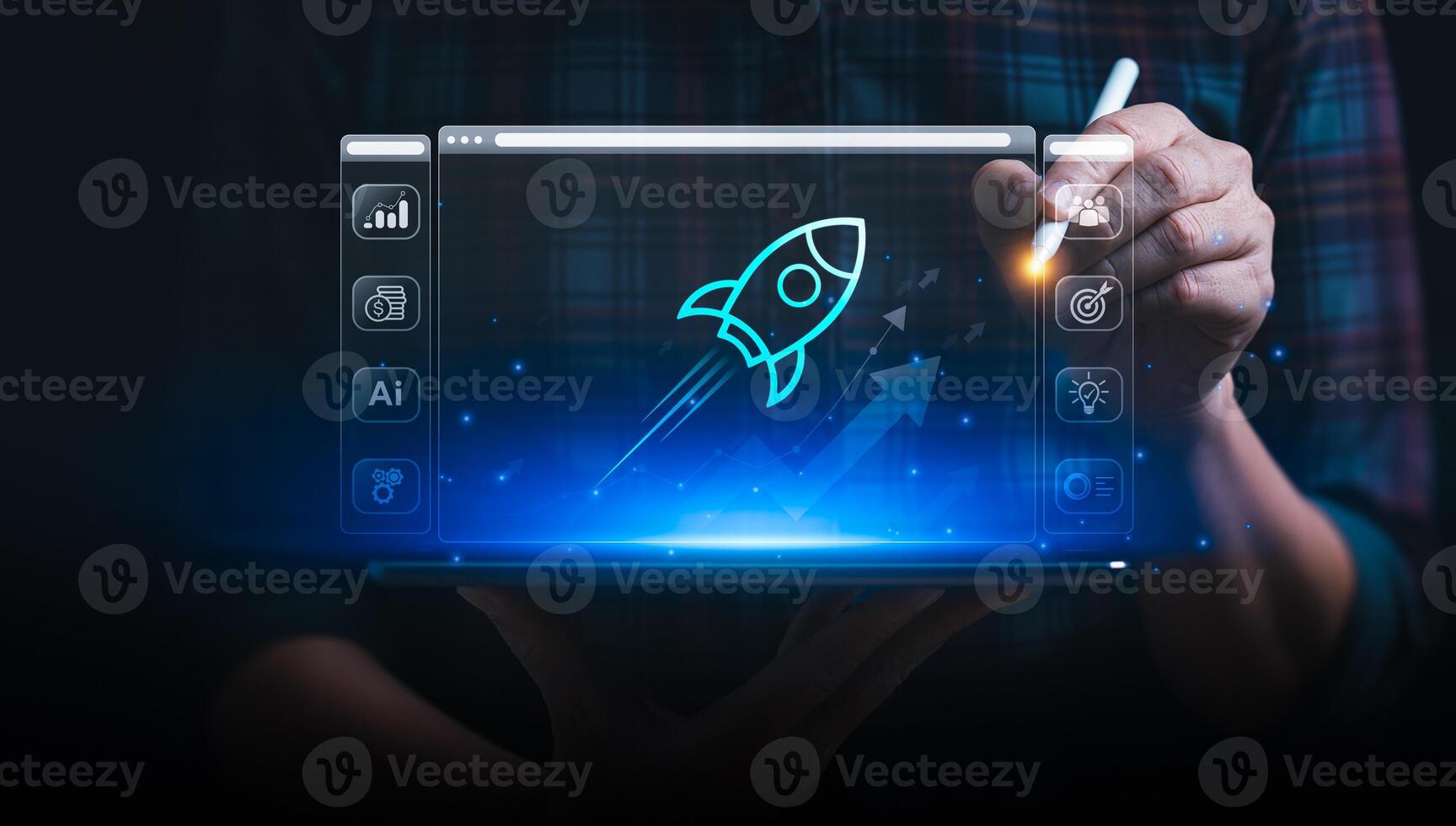 Businessman Launching AI-Powered Startup with Digital Interface, Emphasizing Technological Advancement and Entrepreneurial Success, Global tech startup innovates to connect photo