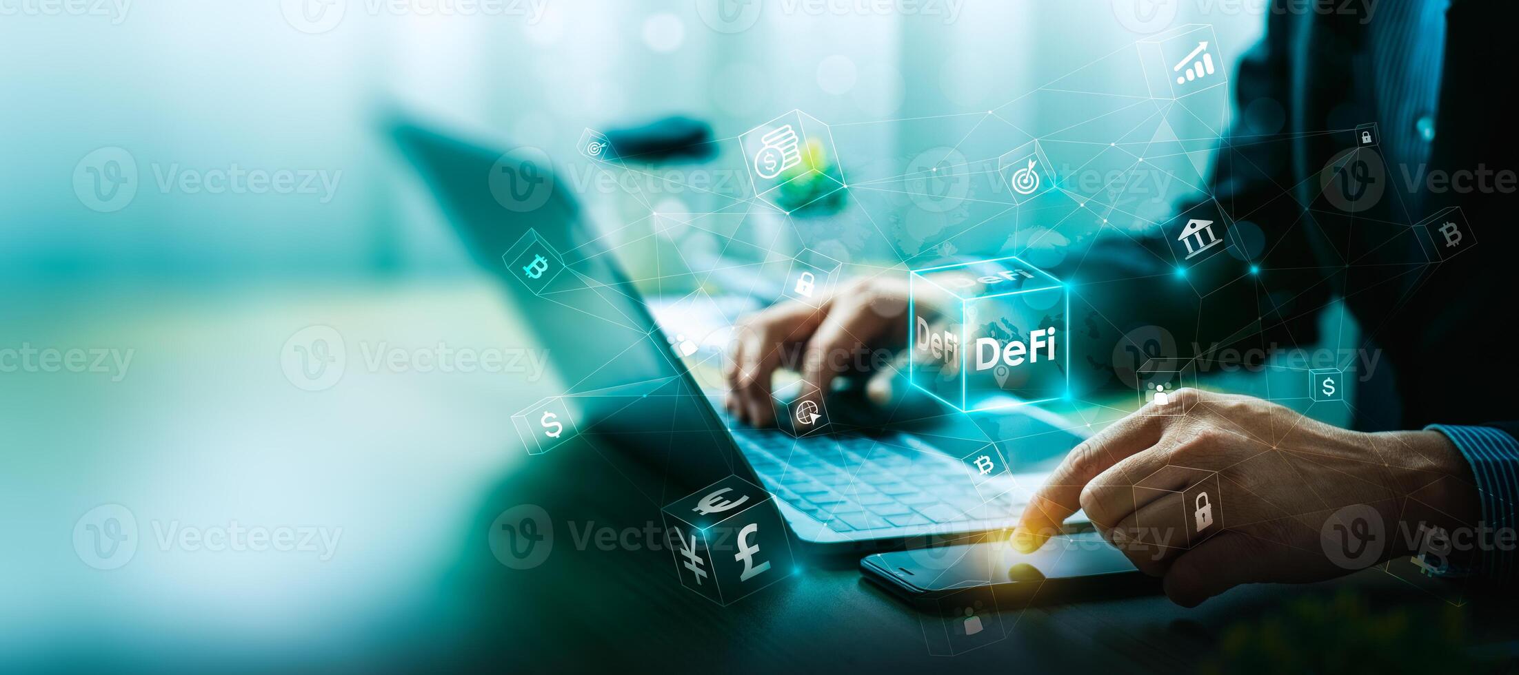 Hands using laptop and smartphone with holographic decentralized finance or DeFi, Digital Curry and Blockchain Network, showing modern financial technology and online transactions. photo