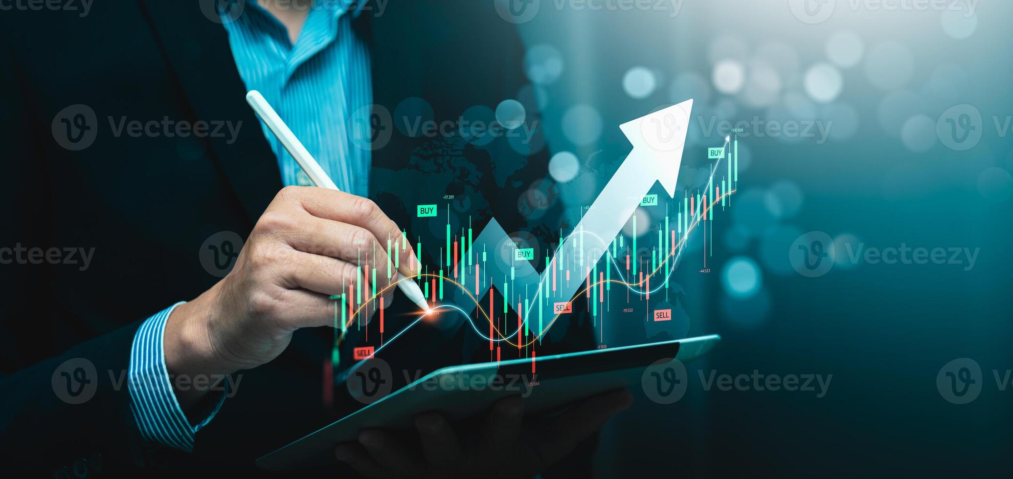 Businessman Analyzing Stock Market Trends on Laptop and Tablet with Upward Arrow and Trading Data, Representing Financial Growth and Investment Strategies in Modern Technology, Forex Trading photo