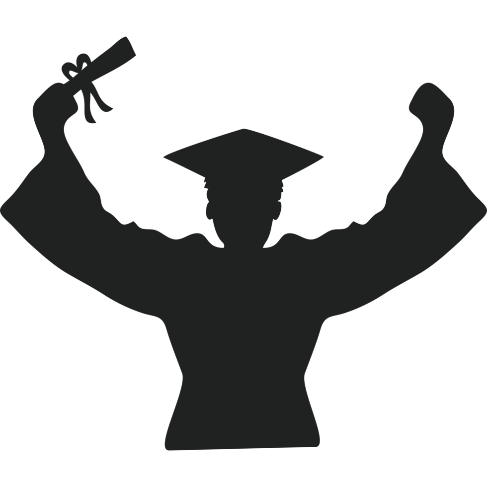 A silhouette of a graduate with arms up in the air png