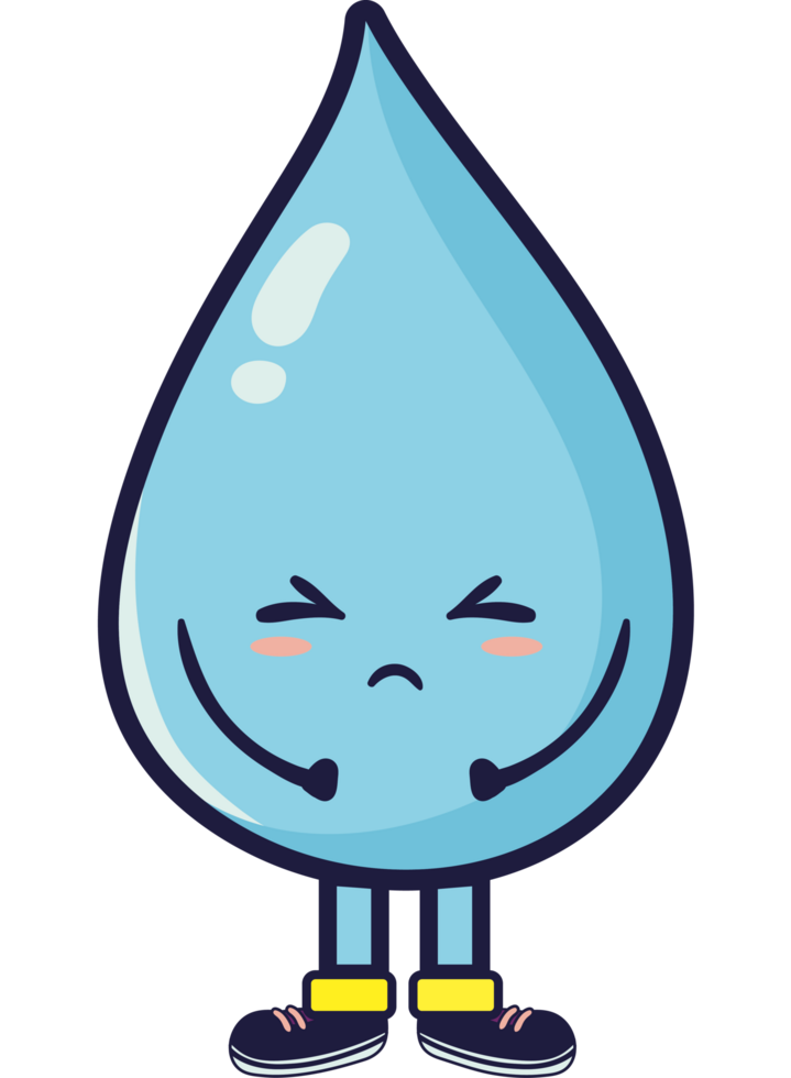 A cartoon character of a water drop with a sad face png