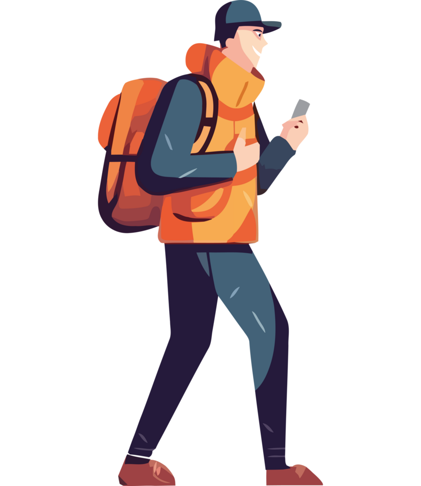 Man with backpack and phone walking png