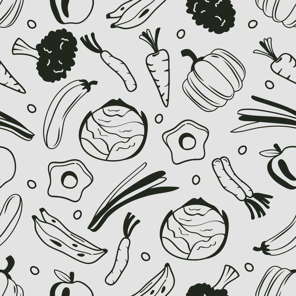 Seamless pattern of foods ,fruits and vegetables-hand drawn line art on gray background. illustration vector