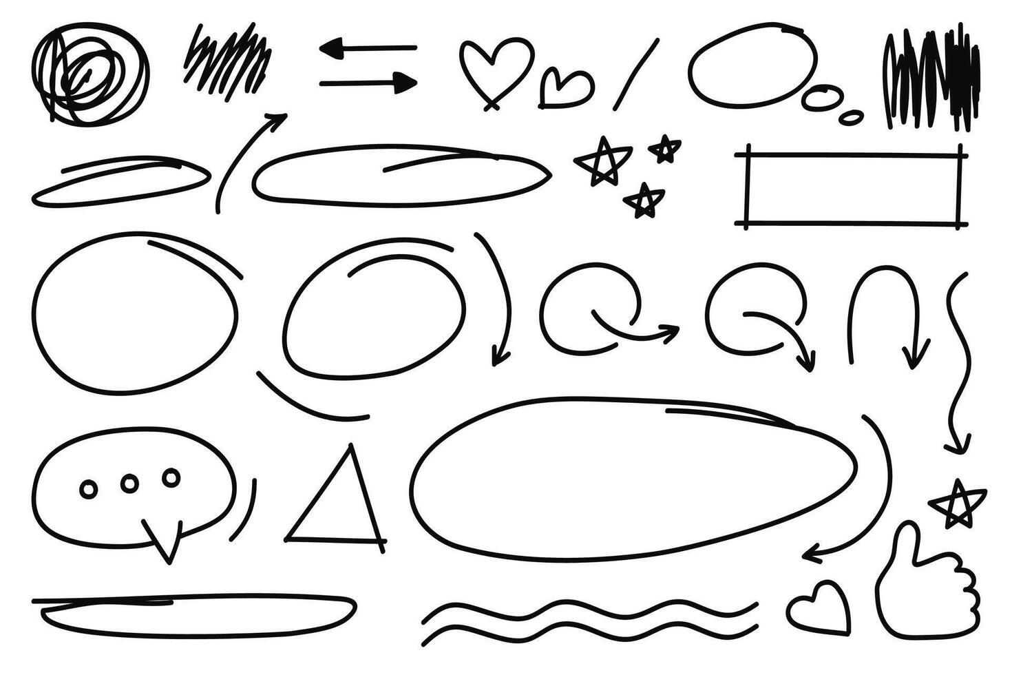 Hand drawn doodle style collection of arrows,star,chat bubble, circles,hearts and shape collection. vector