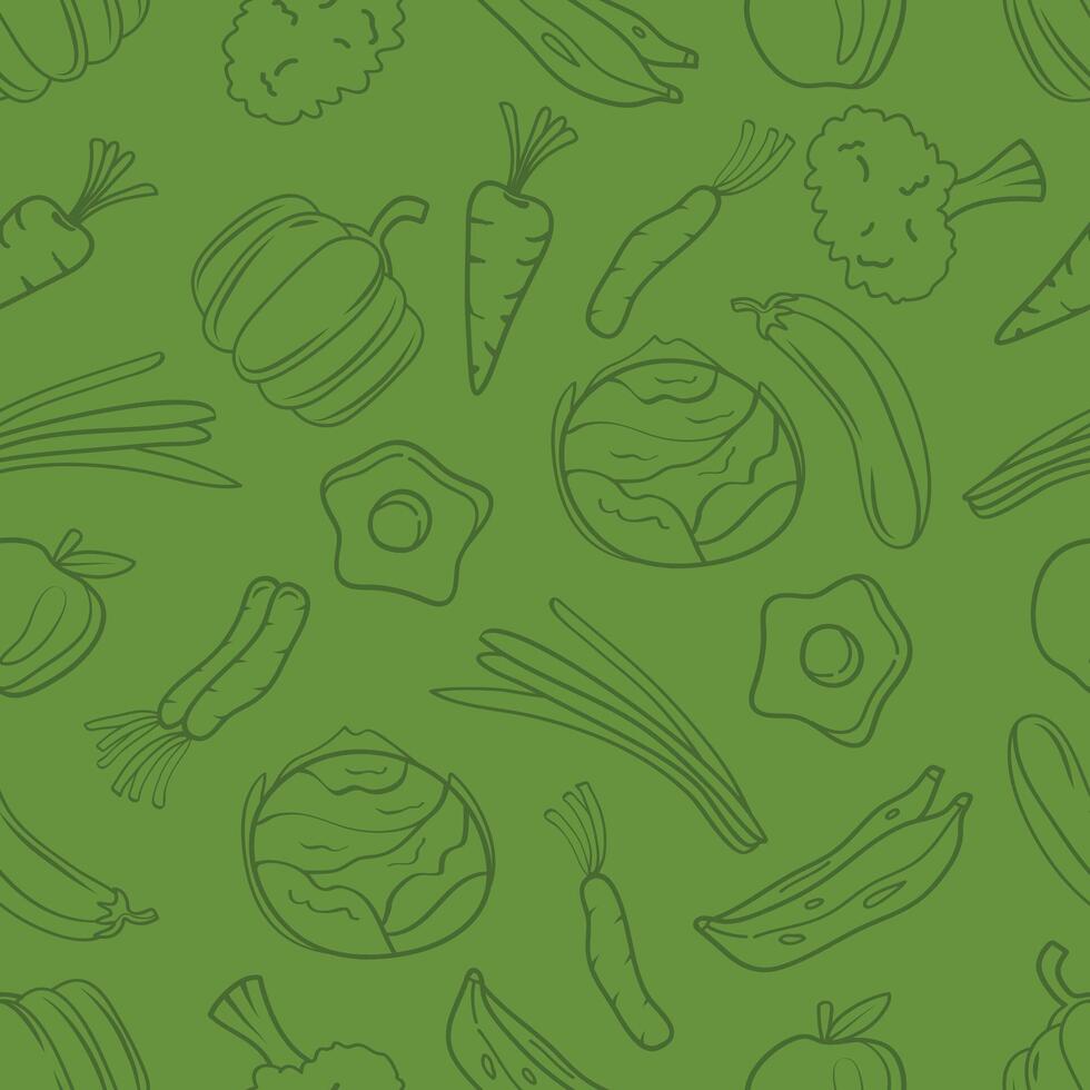 Seamless pattern hand drawn foods and vegetables on green background. illustration vector