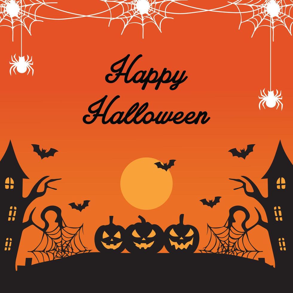 Happy Halloween greeting card with silhouettes pumpkins ,haunted house and spider web on orange background. illustration vector