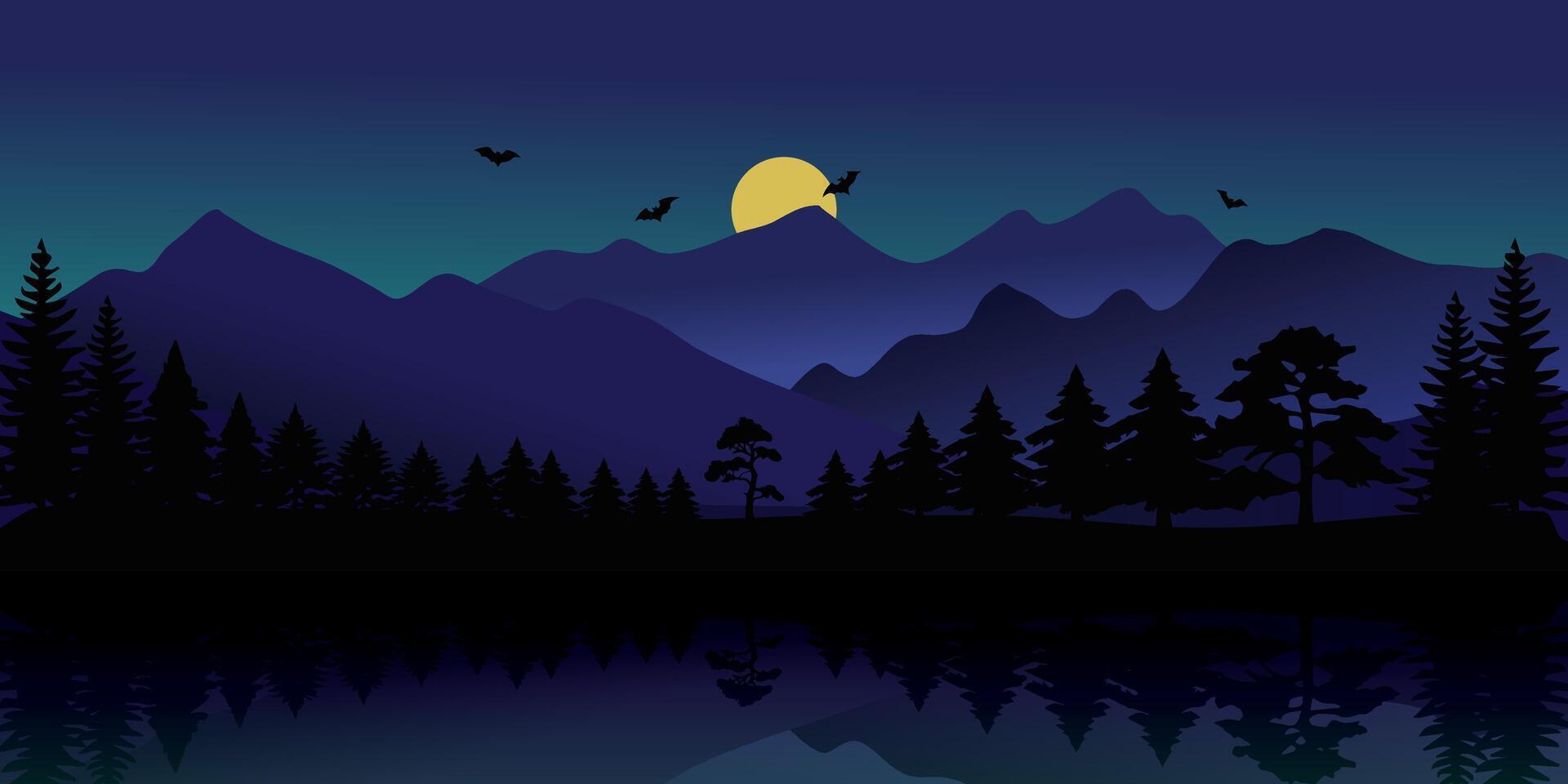 Mountains background with fir trees and blue light reflected at night. Background illustration vector