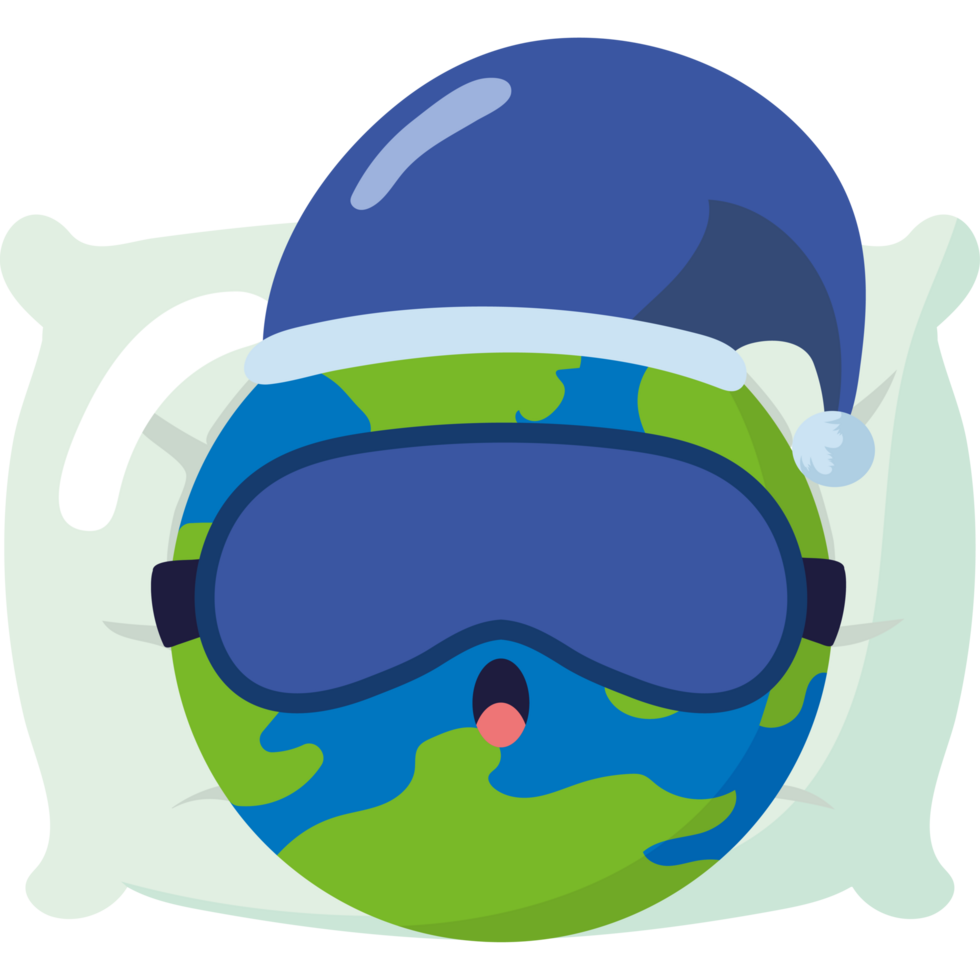 A cartoon earth with a sleeping mask and hat png