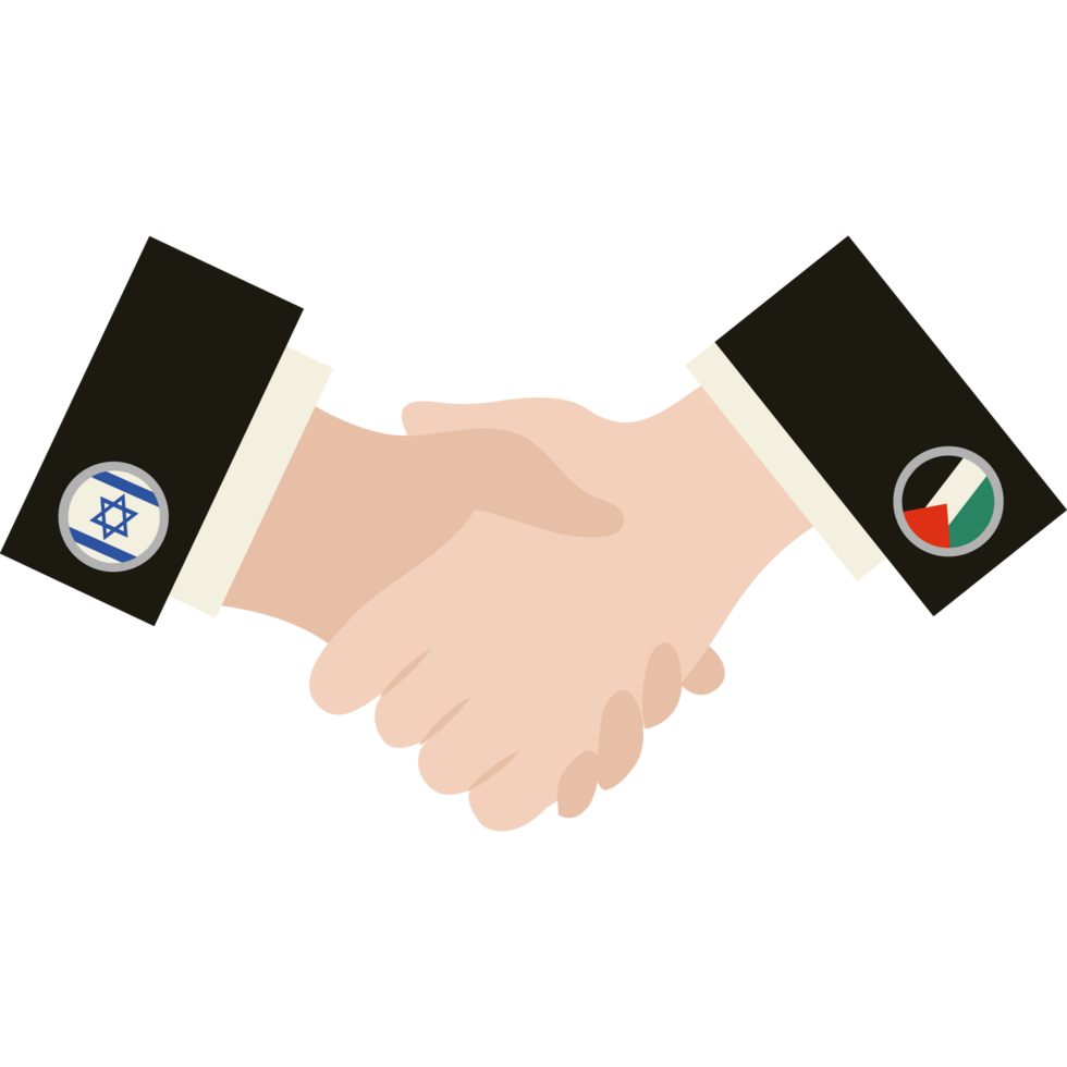 Two hands shaking hands with the flag of israel and the flag of palestine png