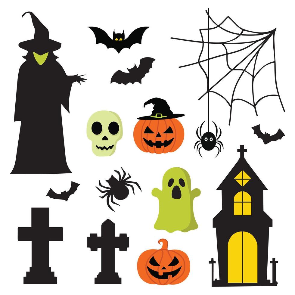 Halloween elements collection with haunted house, skull,bats,tree,pumpkins,moon,tombstone,witch,ghost and spider web. illustration vector