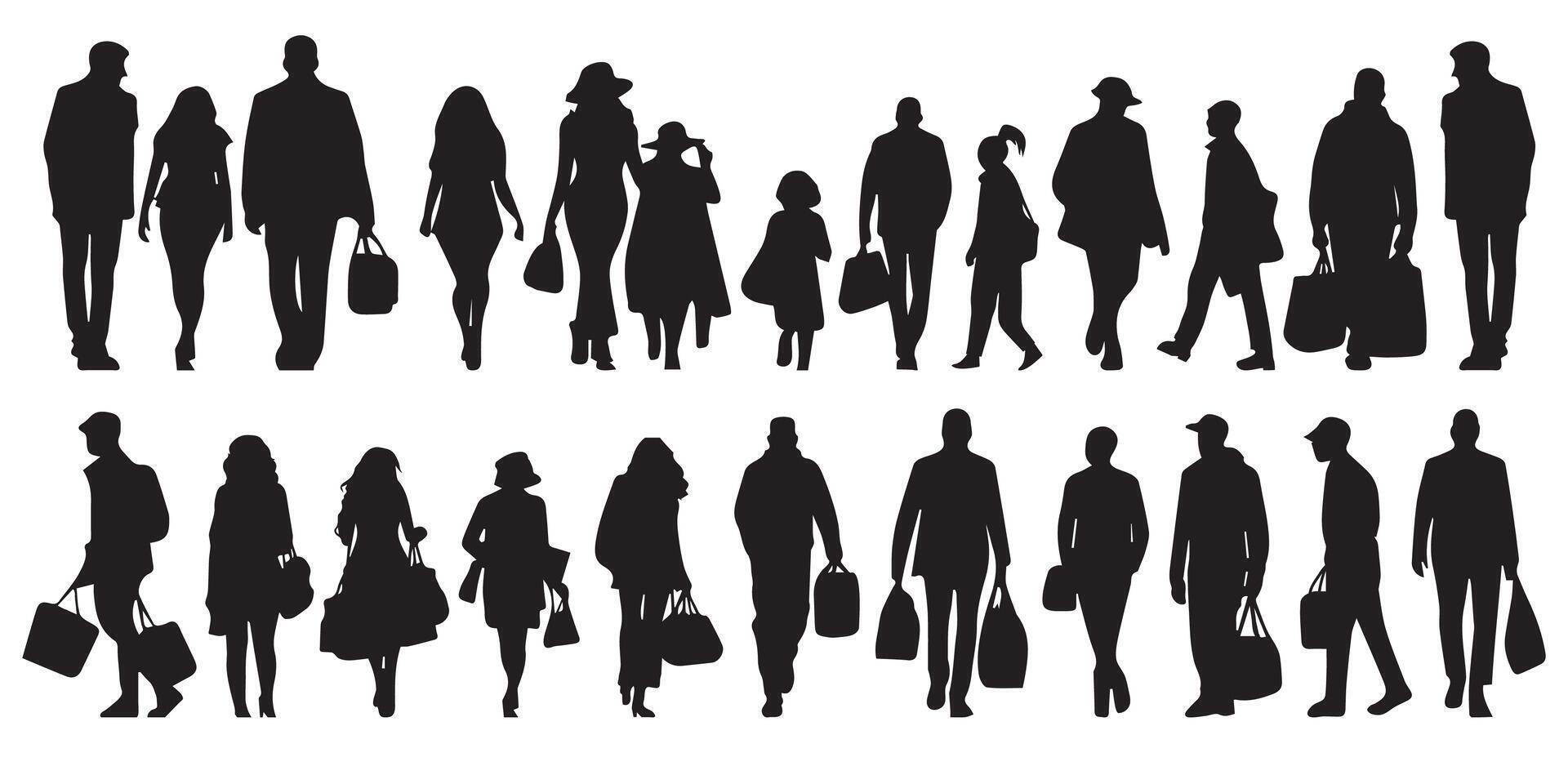 Silhouette people man and women in various poses collection. vector
