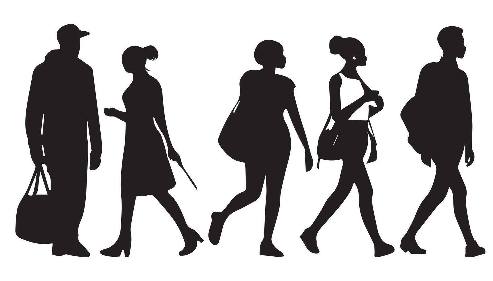 Silhouette man and women walking various poses collection. illustration vector