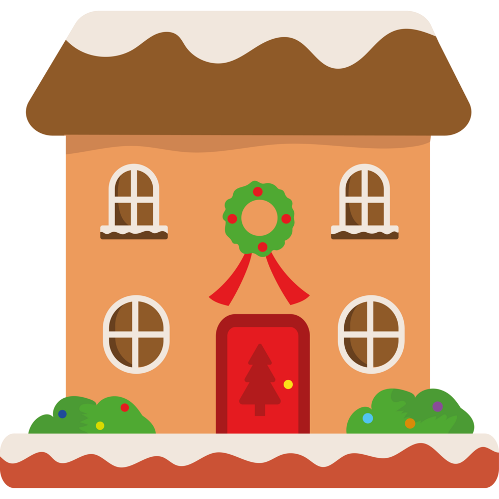 A gingerbread house with a wreath on the door png