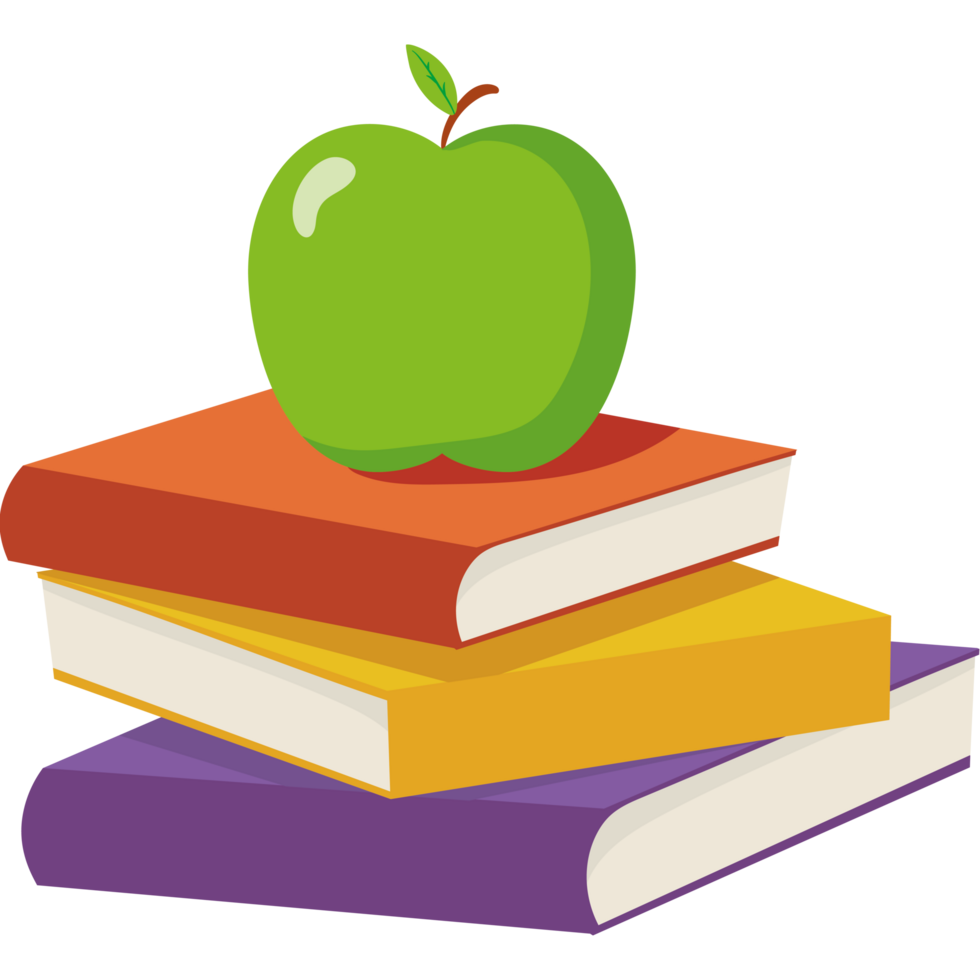 A green apple sits on top of a stack of books png