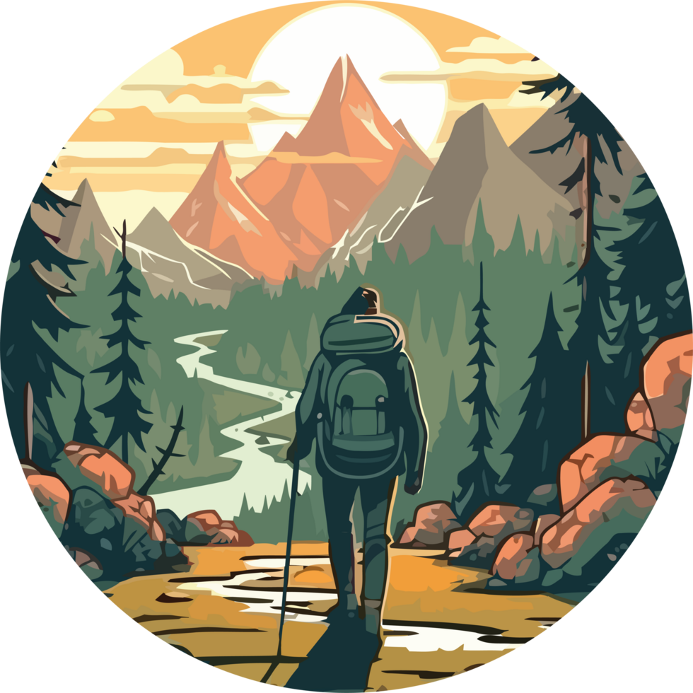 A man with a backpack walking through the forest png