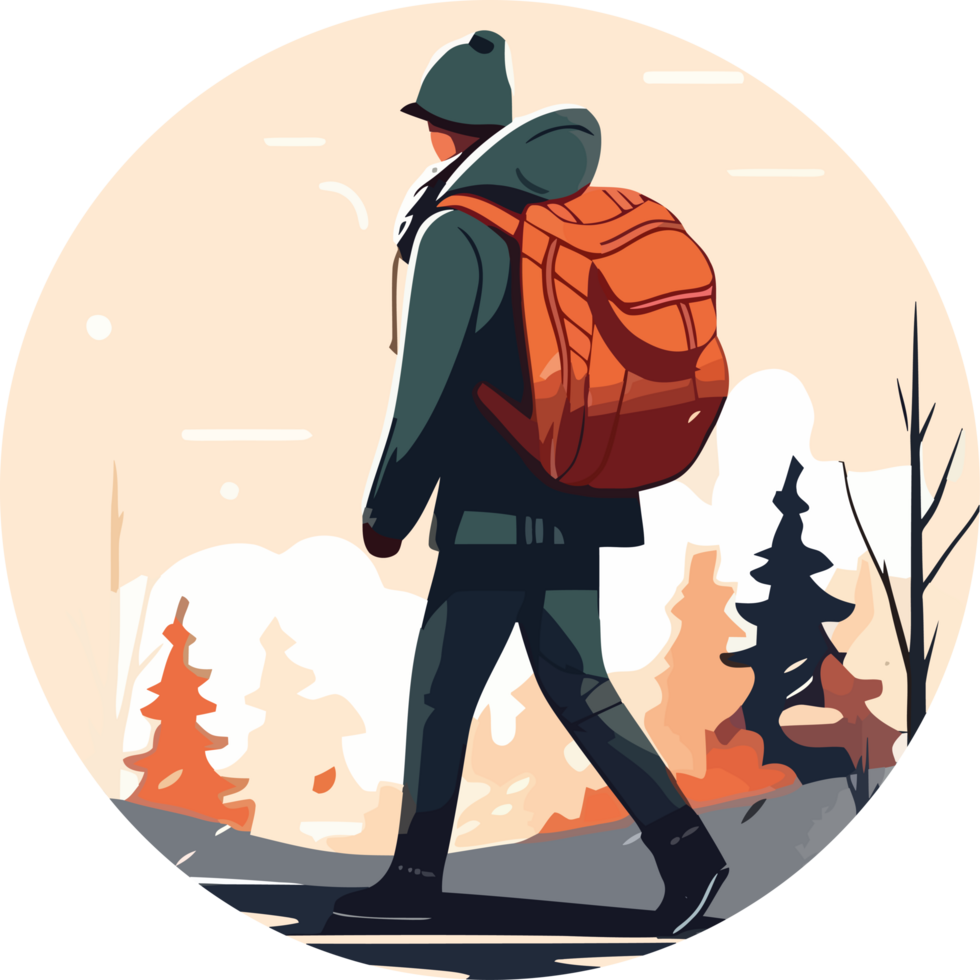 A man with a backpack walking through the woods png