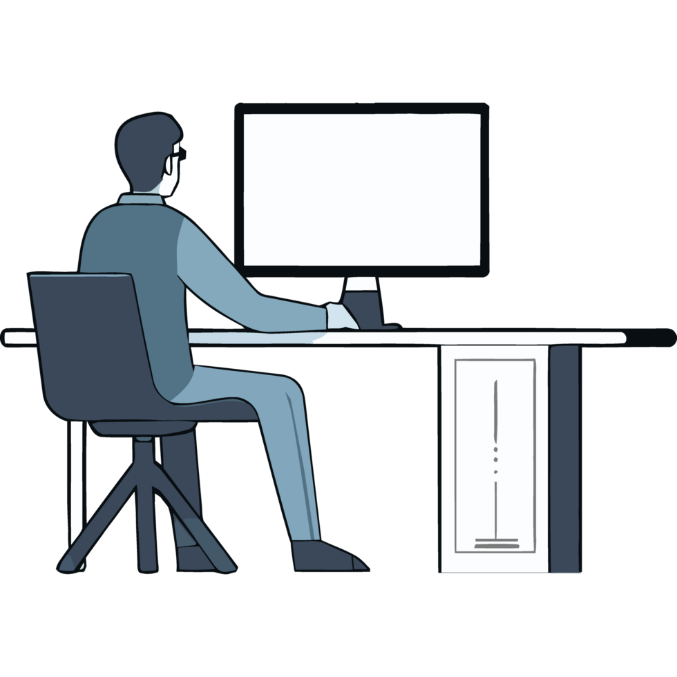 homem sentado às escrivaninha com computador monitor png
