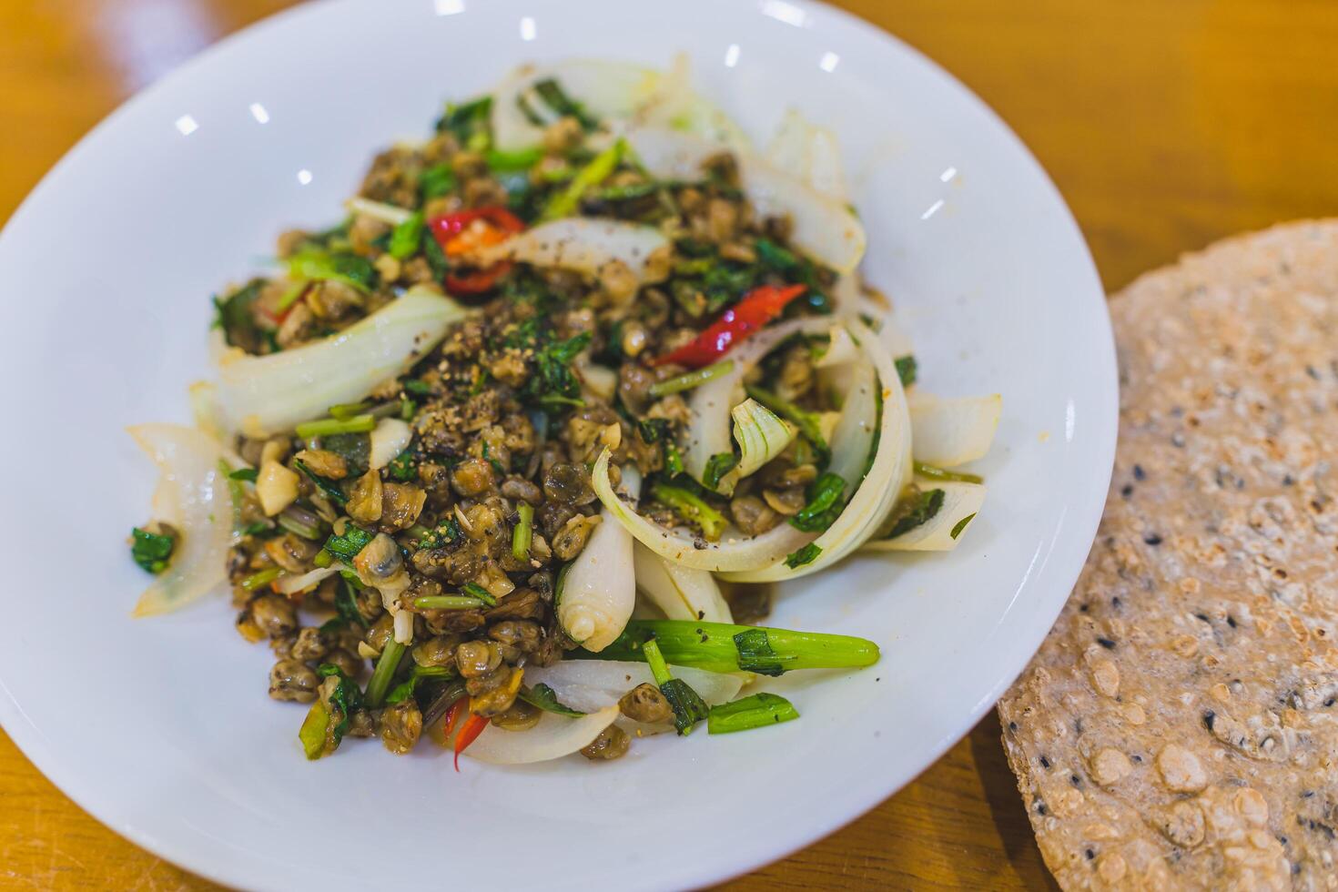 Stir Fried Mussels with Chilli. Selective focus photo