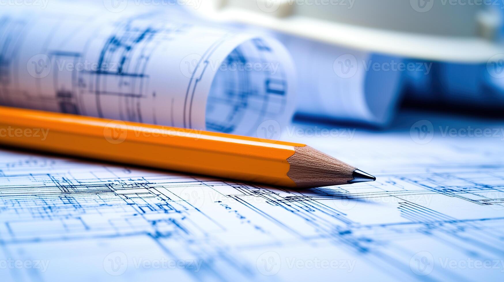Close-up of blueprints and construction plans with a pencil photo