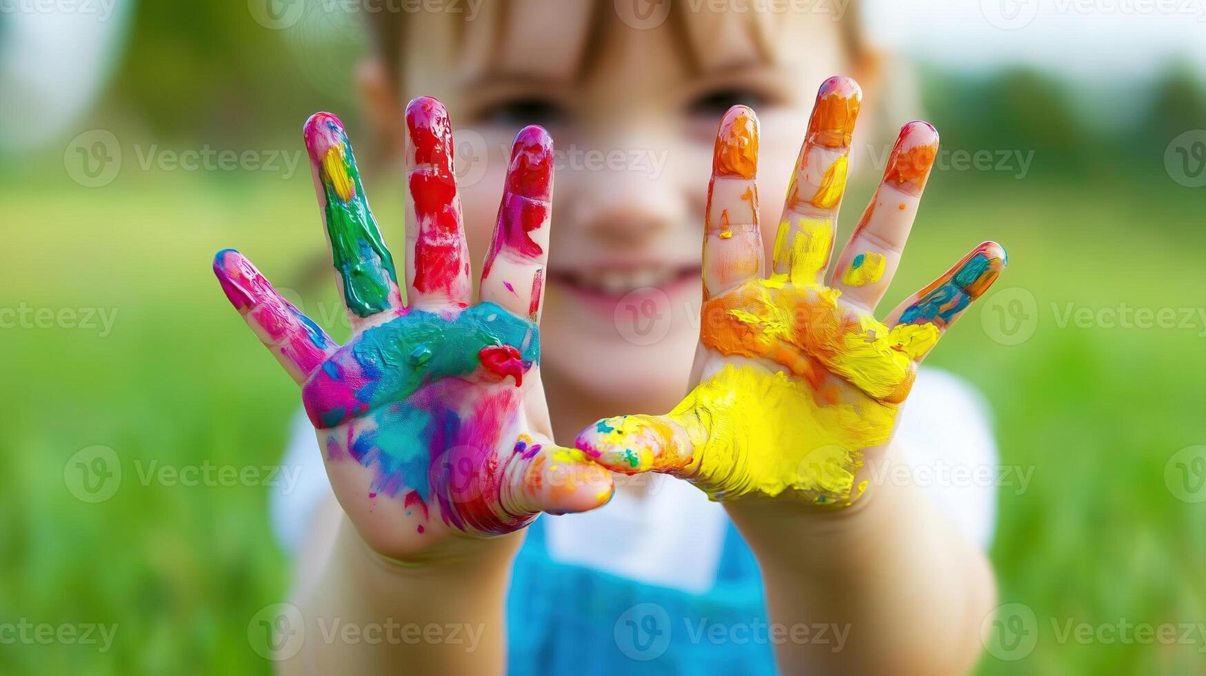 Happy child enjoying colorful finger photo