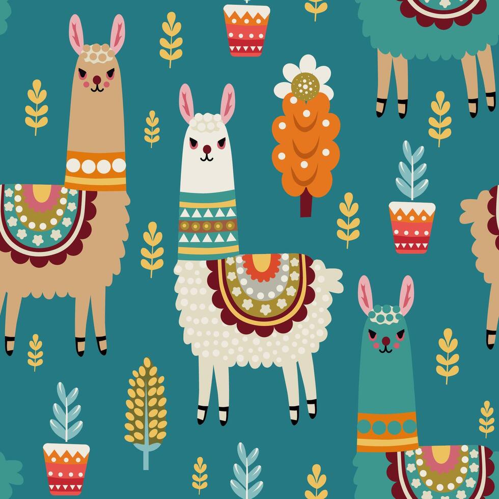 colored alpacas in an ornament on a background vector