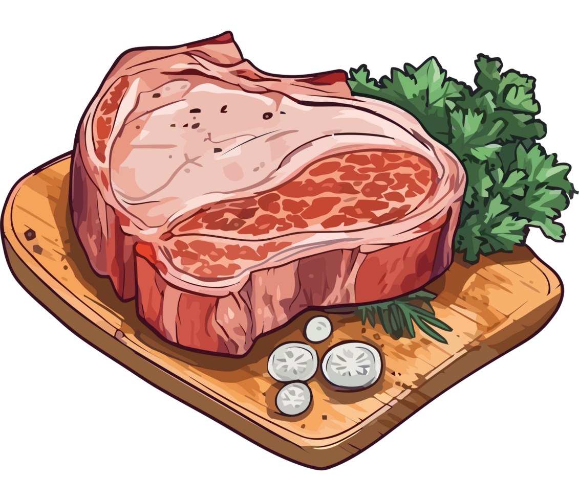 Steak on a cutting board with herbs and vegetables png