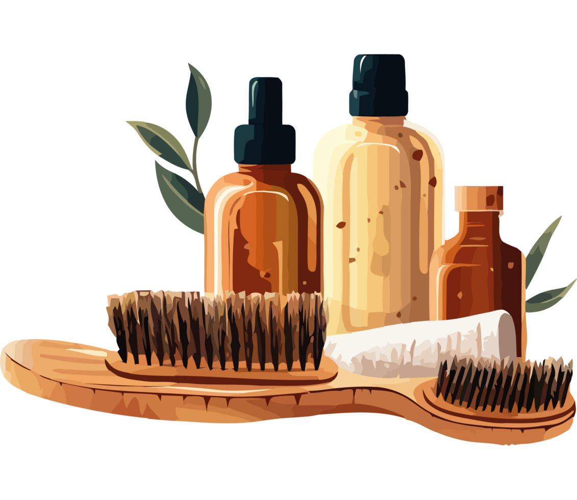 A bottle of shampoo, a brush and a bottle of conditioner png