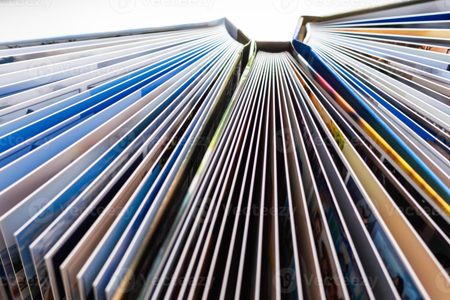 The spines of photo books. The view from the top
