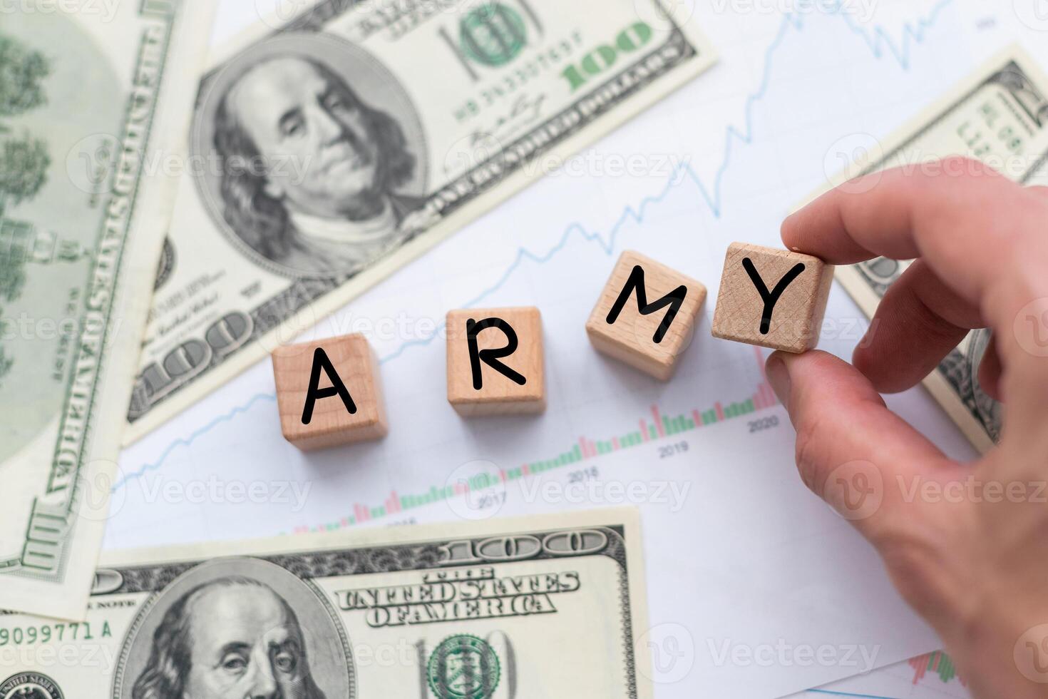 Wooden blocks with Army text of concept and coins. photo