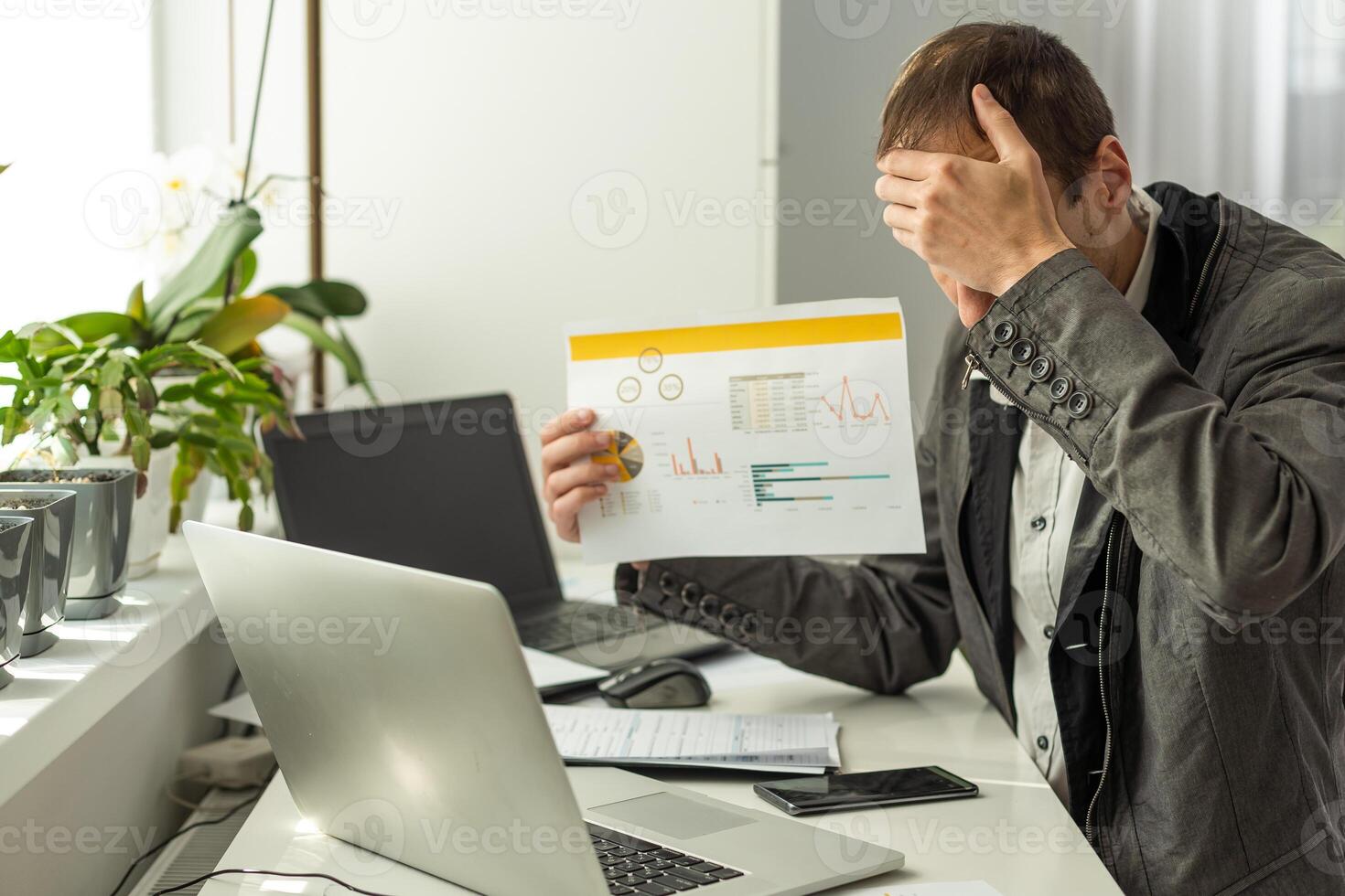 Successful business man, company boss, stock investor, conducts financial brainstorm with group of multiracial partners by call, discuss investments in the stock market. Online conference photo