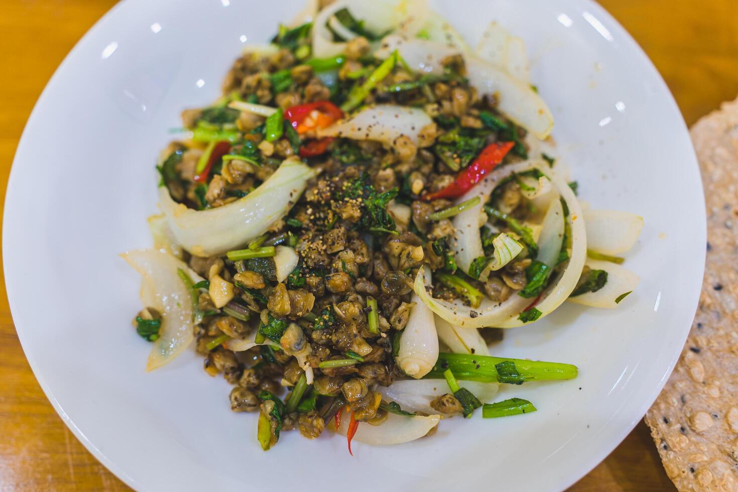 Stir Fried Mussels with Chilli. Selective focus photo