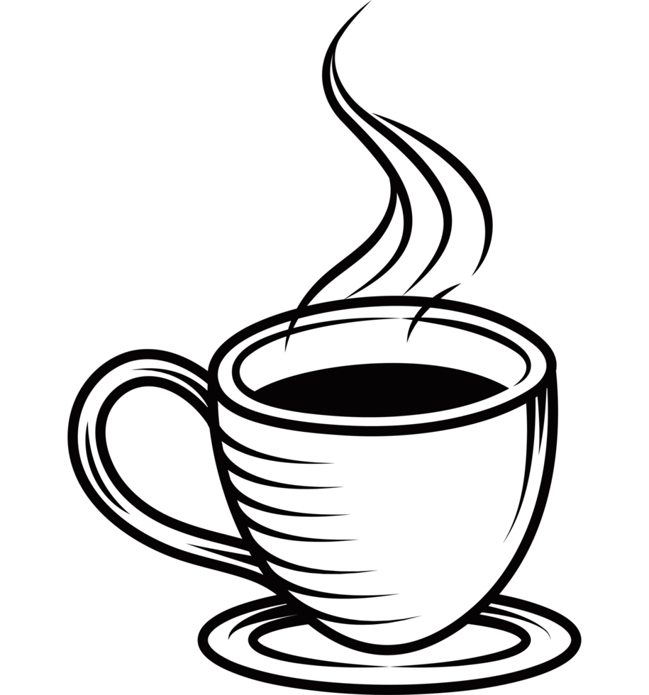 A black and white drawing of a cup of coffee png