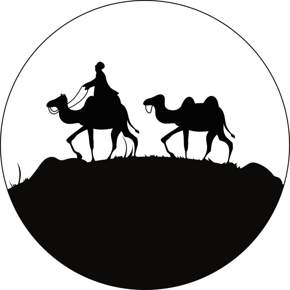 A silhouette of three camels in the dark png