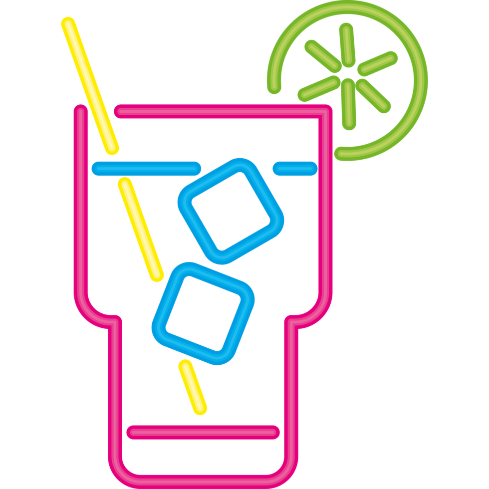 A neon sign with a drink and ice cubes png