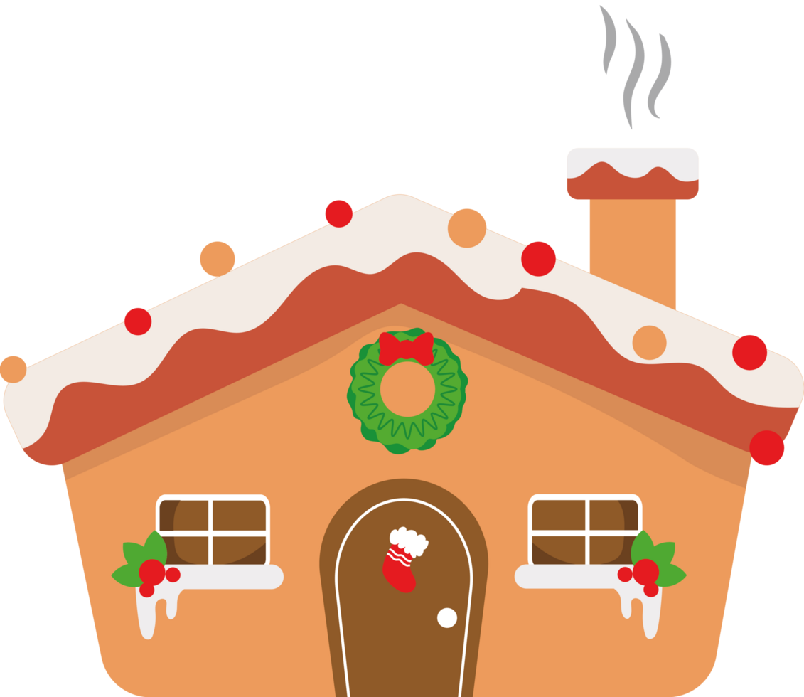A gingerbread house with a christmas wreath on the door png