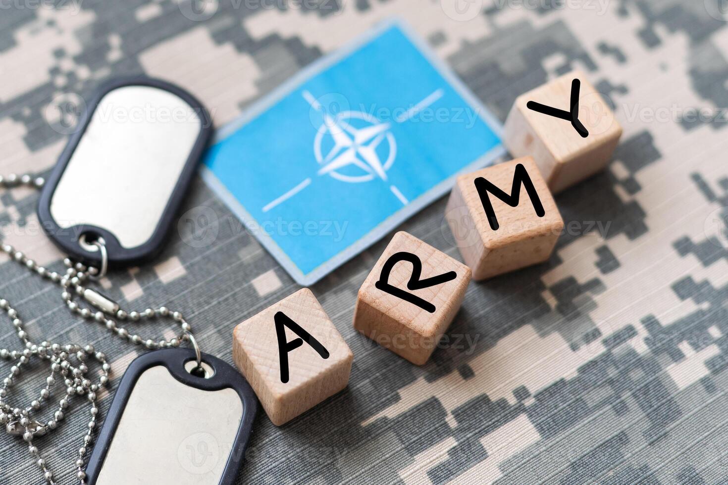 Military ID tags and US army patches on camouflage background photo