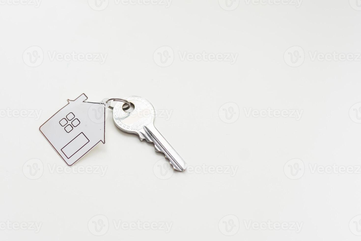 Key with house shape keychain on grey background photo