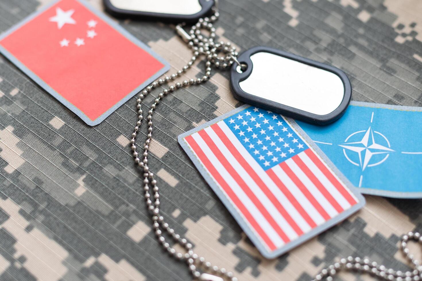 army blank, dog tag with flag of nato and vietnam on the khaki texture background. military concept. High photo