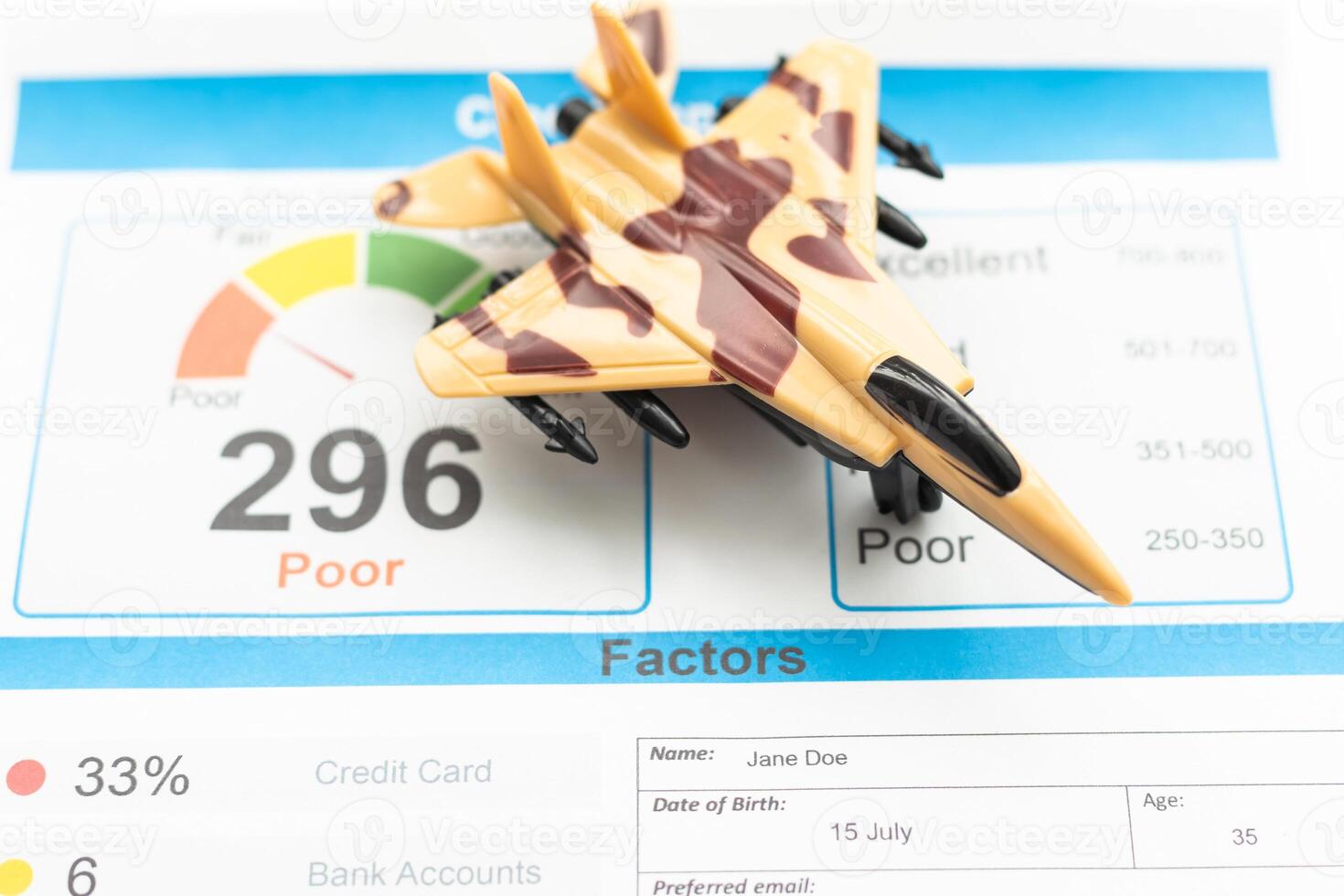 Credit Report text on paper sheet with magnifying glass on chart, dice, spectacles, pen, laptop and blue and yellow push pin on wooden table - business, banking, finance and investment concept photo
