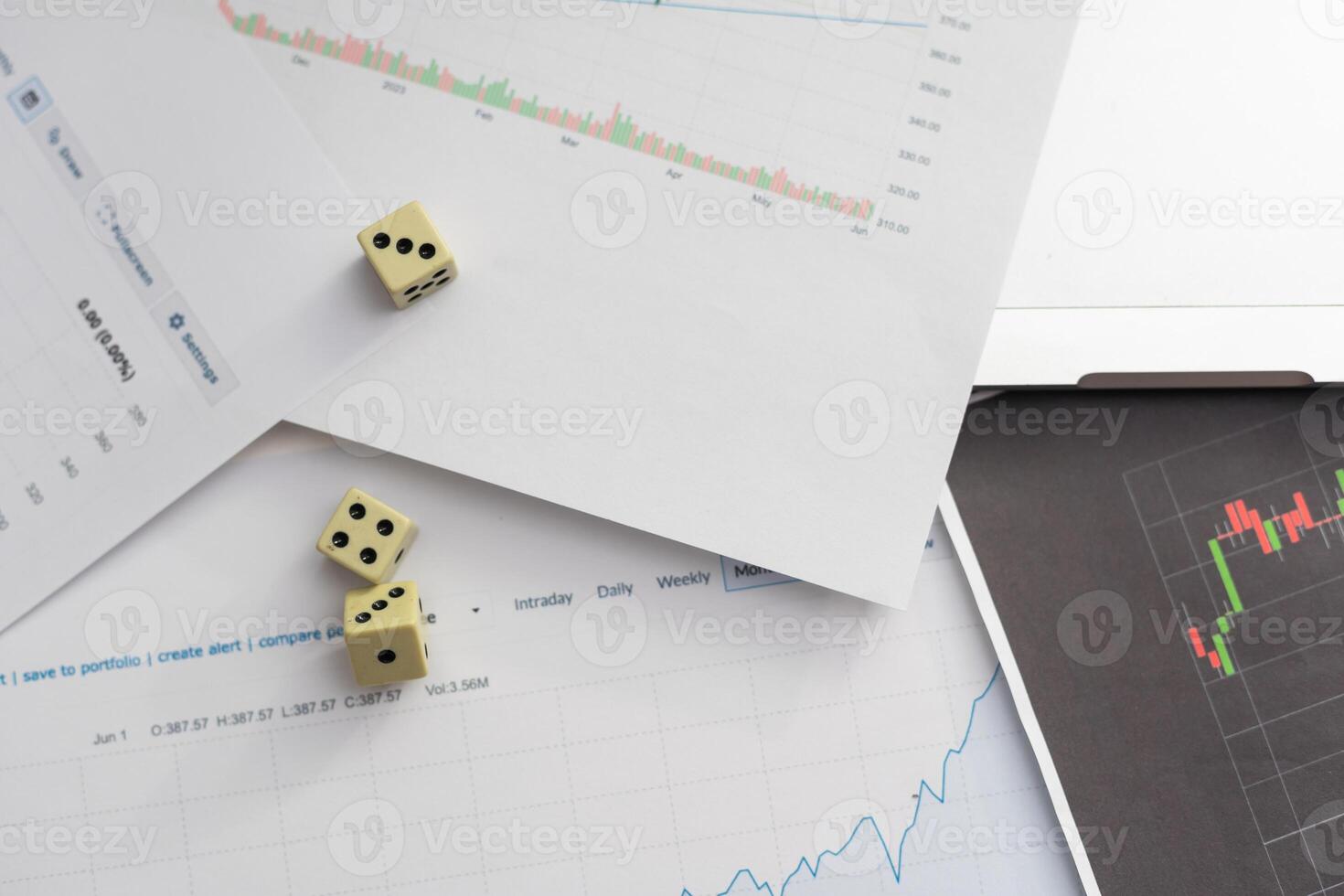 Dices cubes to trader. Cubes with the words SELL BUY on financial chart and columns of quotations as background. Selective focus photo