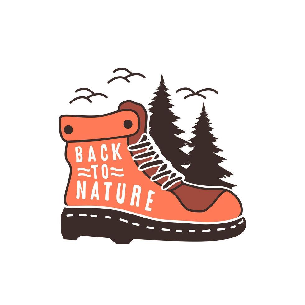 retro design for hiking, adventuring and camping. Illustration of hiking shoes exploring nature vector