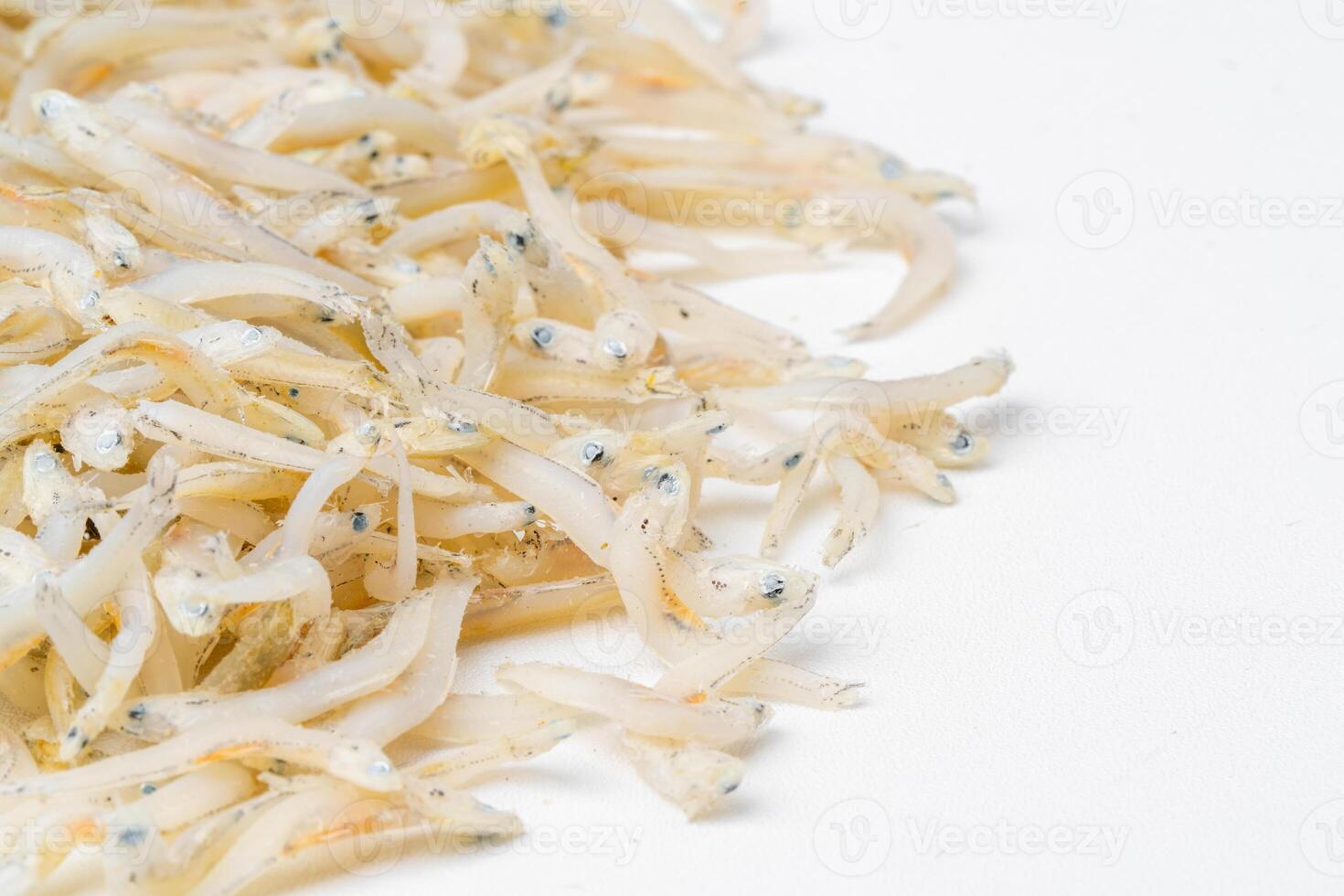 Fresh dried anchovies on White Background. Raw dry salted sea fish. saltwaterforage fish. Ikan asin teri medan. photo
