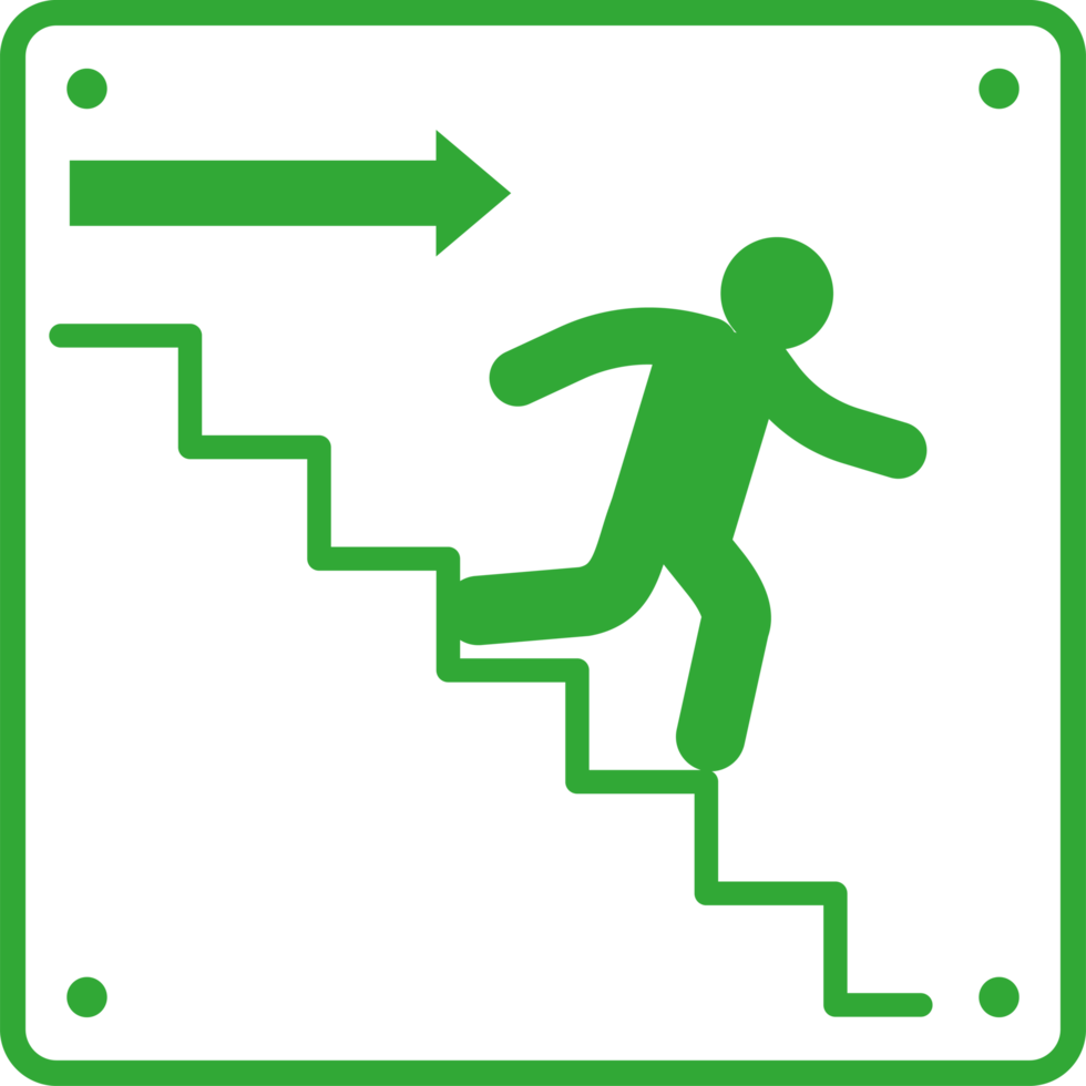 An image of an exit sign with a man running up stairs png