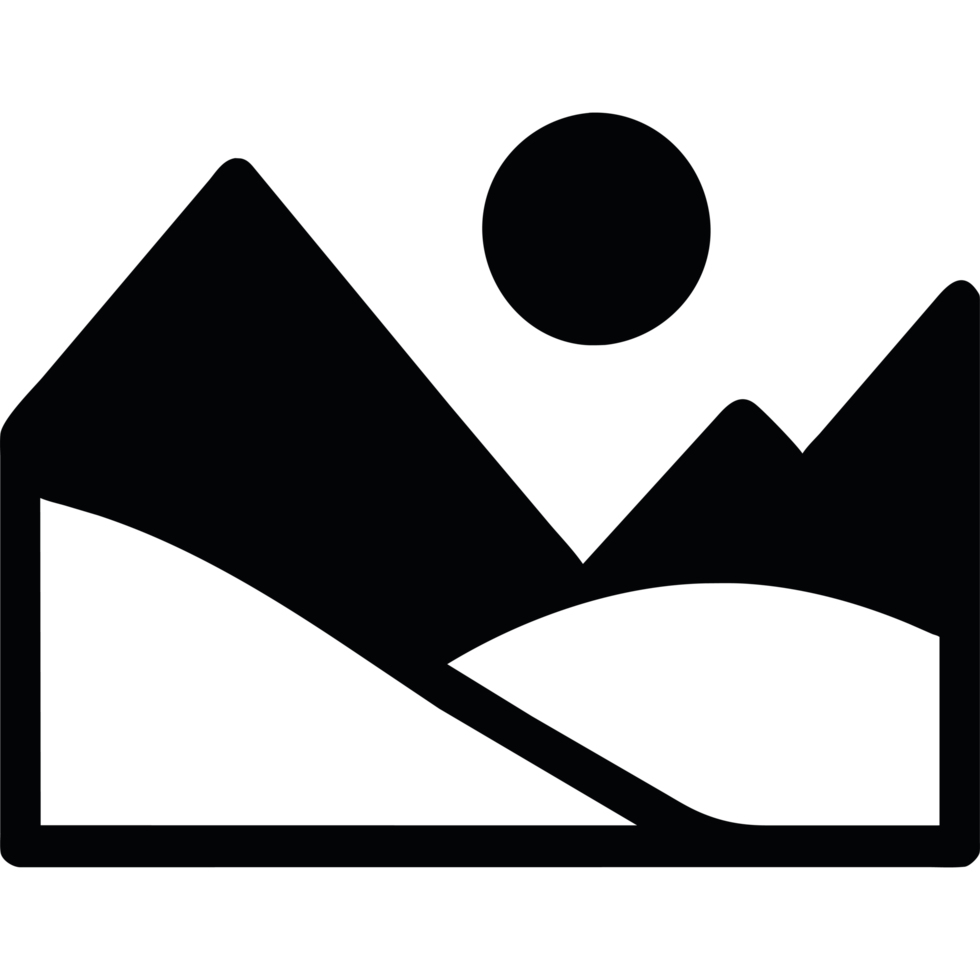 A black and white logo of mountains and a sun png