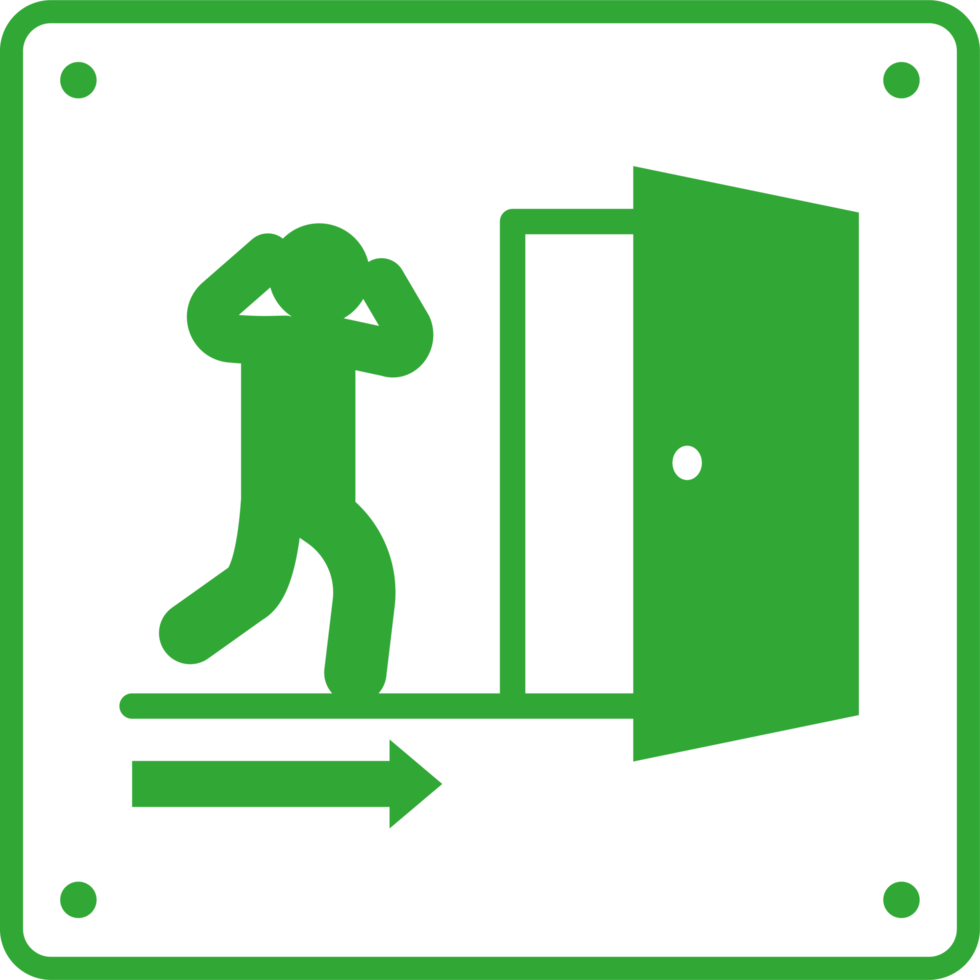 An image of an exit sign with a man walking into the door png