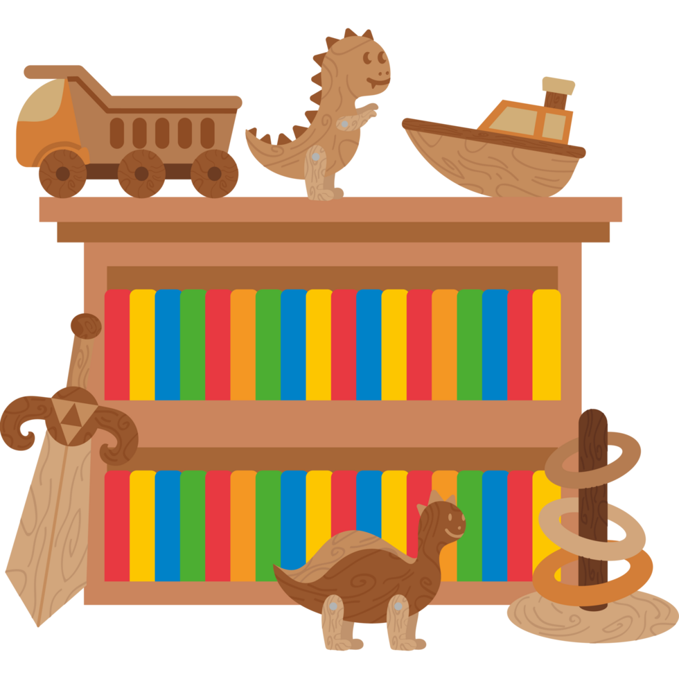 A wooden bookcase with toys and books png