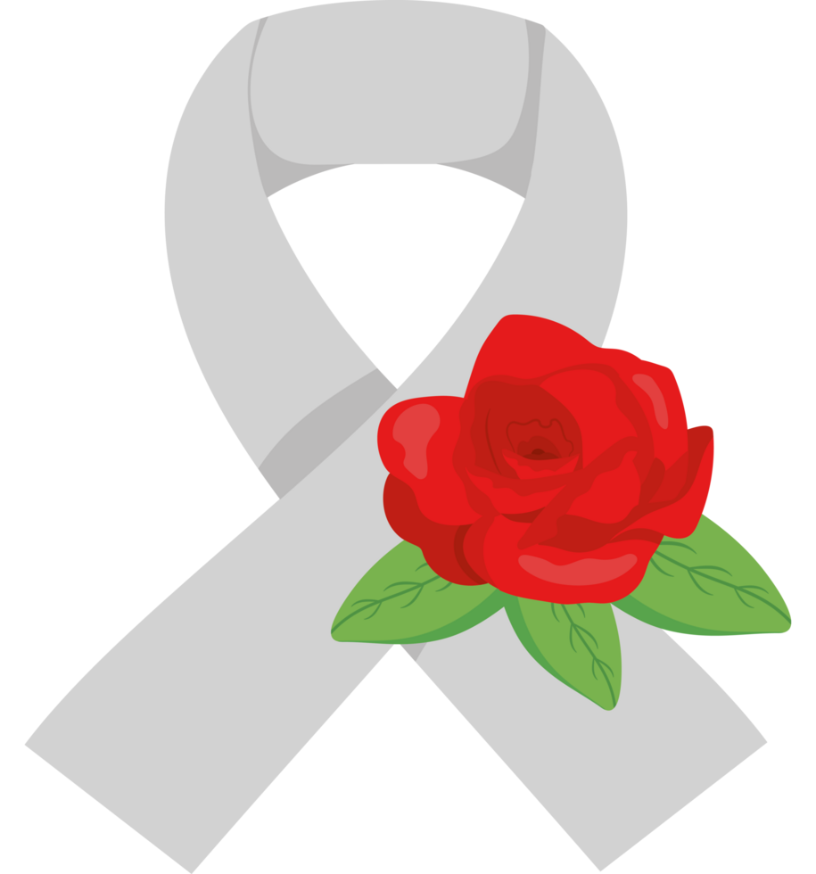 A white ribbon with a red rose on it png