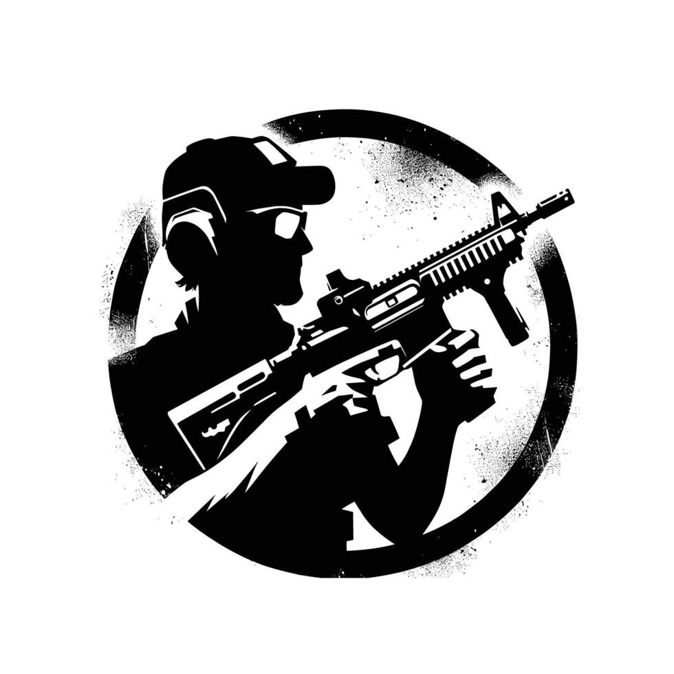 a silhouette of a man holding an assault rifle shooting gun team logo vector