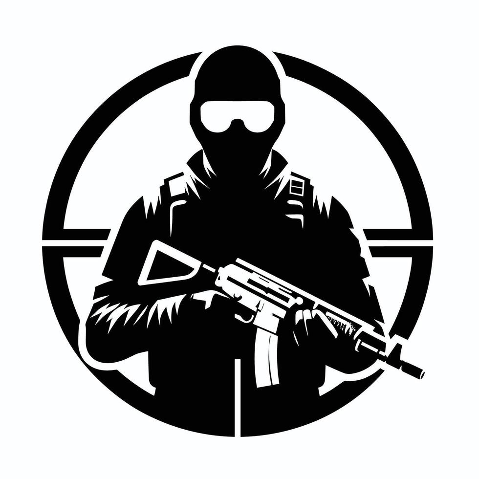 a silhouette of a man with a gun in front of a circle target, shooting shooter logo vector